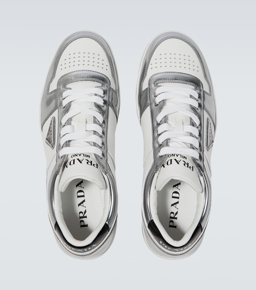 Prada Men's Downtown Leather Low-top Sneakers In Bianco + Argento