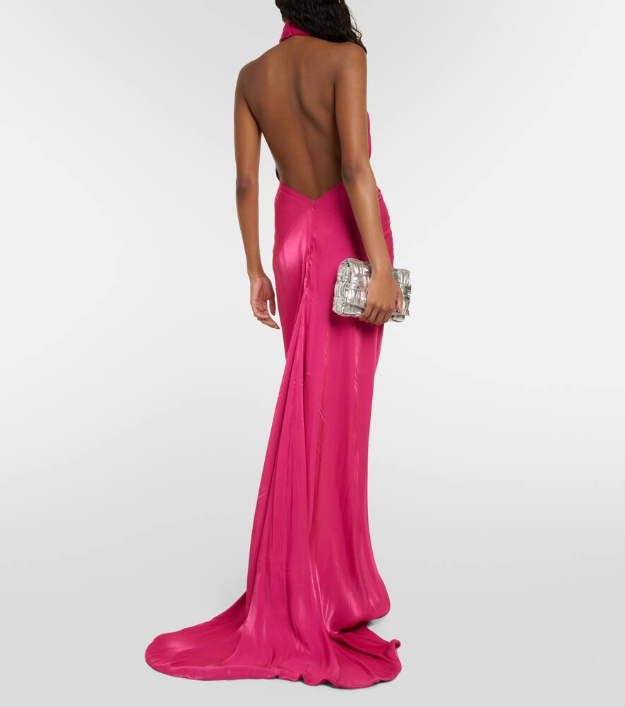 Shop Costarellos Colette Gathered Halterneck Satin Gown In Pink