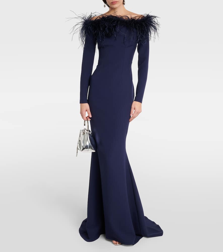 Shop Safiyaa Starlana Feather-trimmed Off-shoulder Gown In Blue