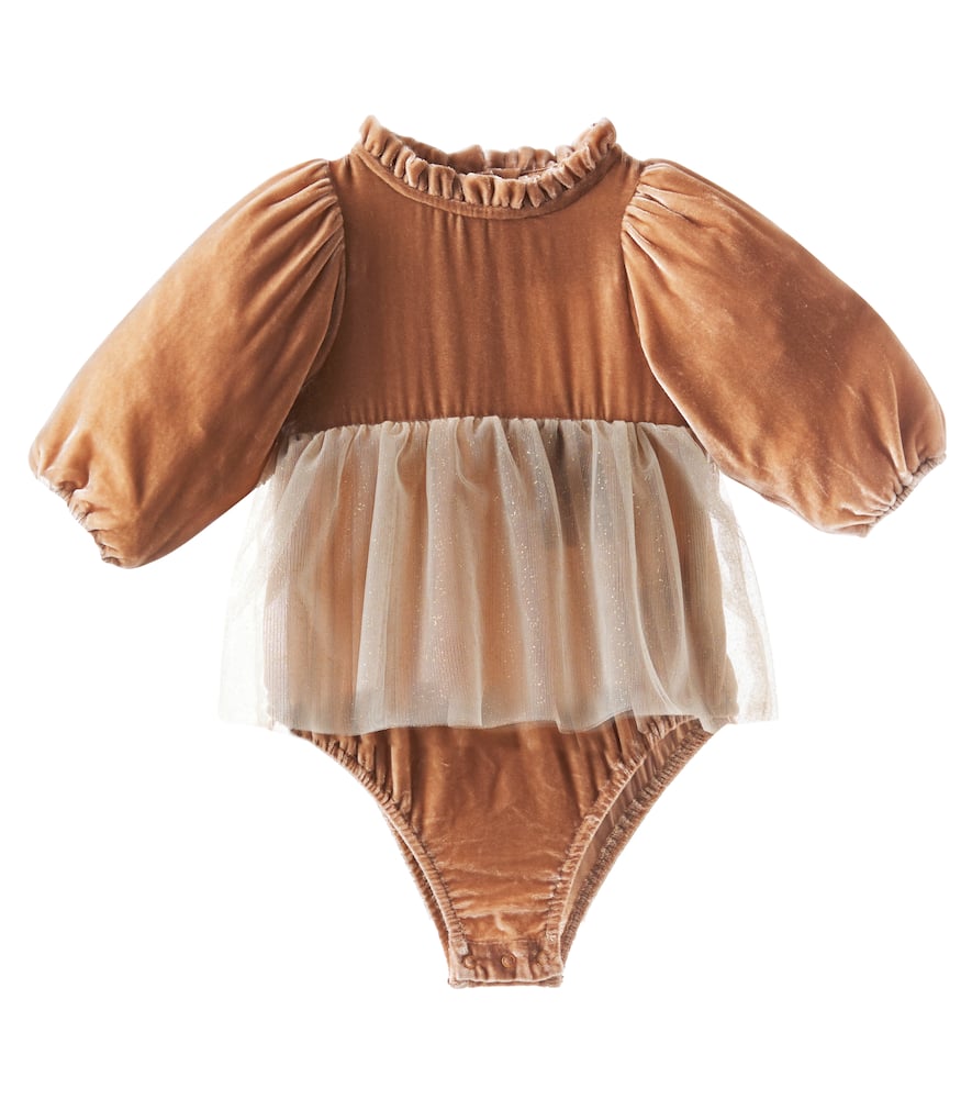 Bebe Organic Nyssa Velvet And Tulle Bodysuit In Sand