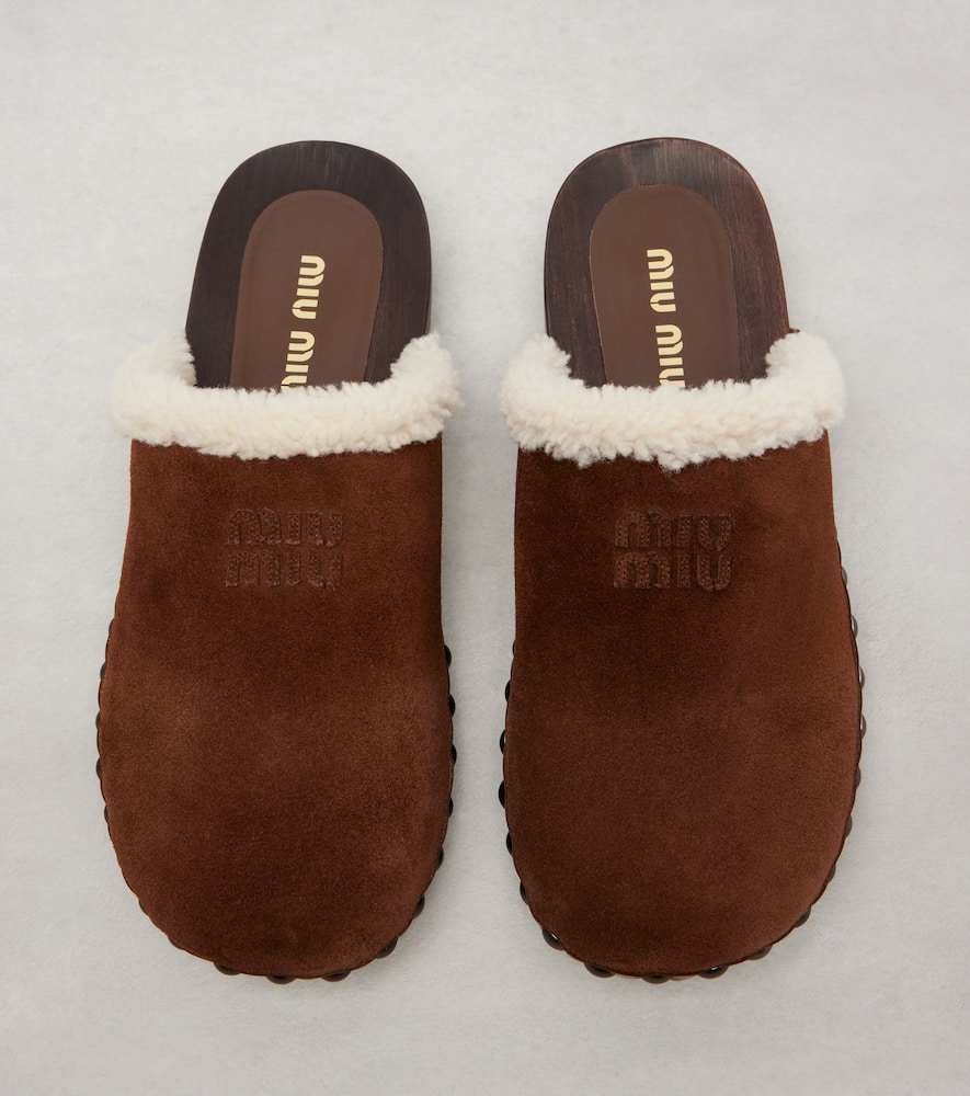 Miu Miu Shearling-lined Suede Clogs In Brown
