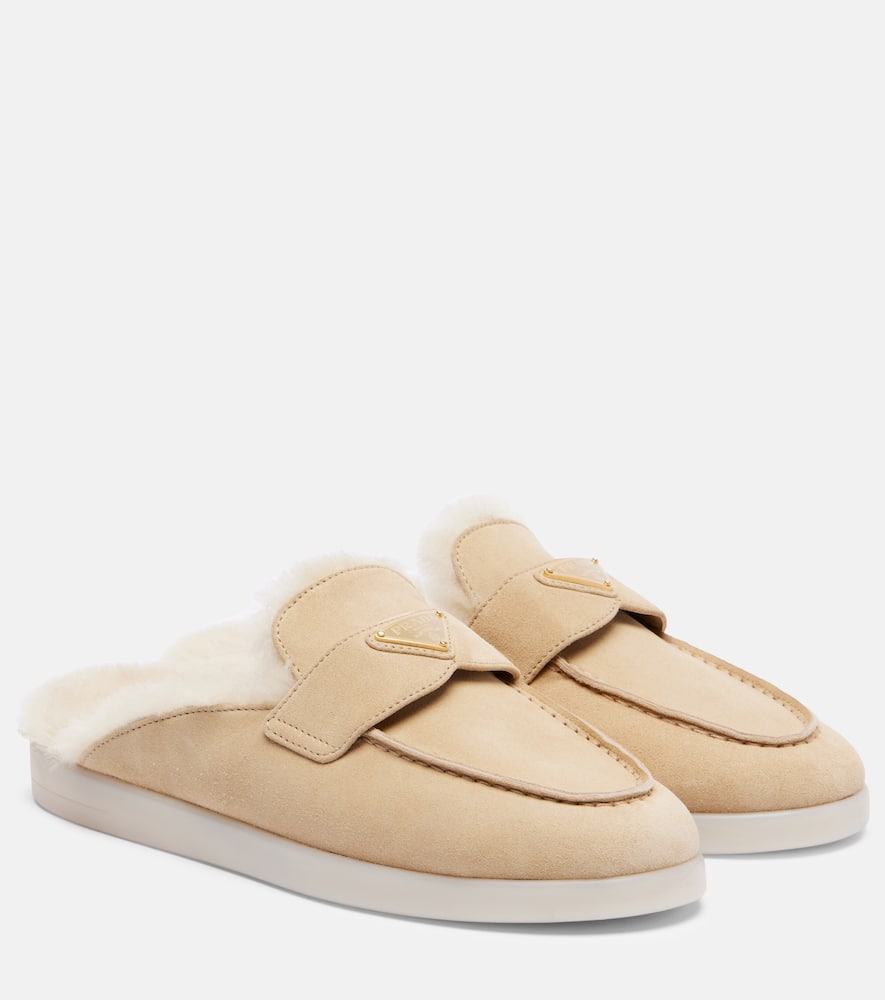 Prada Shearling-lined Suede Mules In Nude