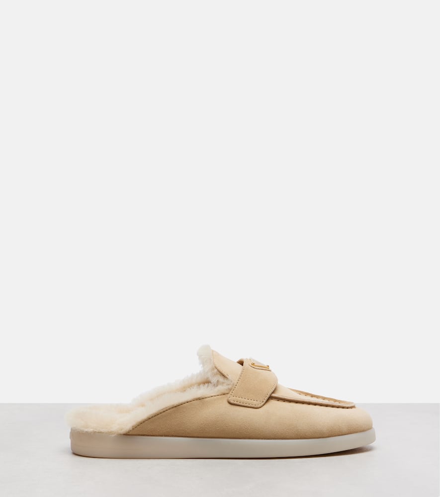 Prada Shearling-lined Suede Mules In Nude