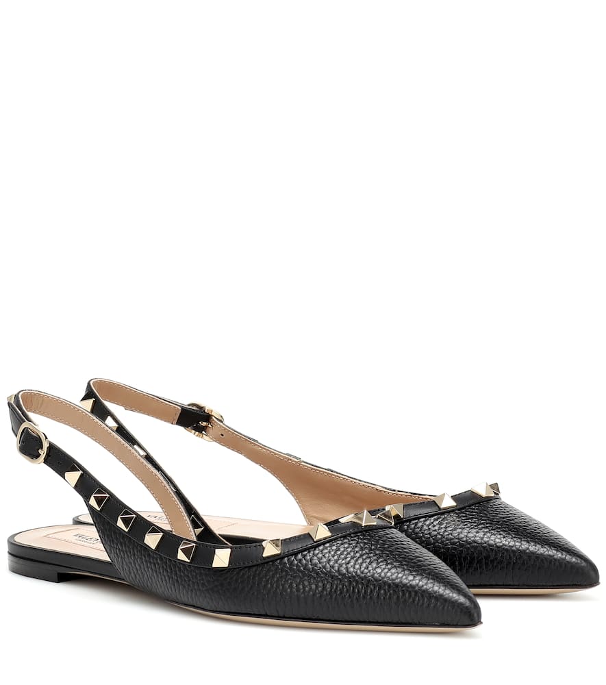 Click to view more detailed imagery on our partner's website Valentino Rockstud Slingback Grained-Leather Flats In 0No Black