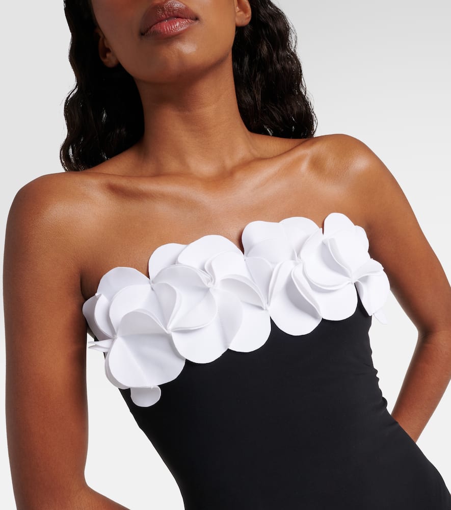 Shop Karla Colletto Tess Floral-appliqué Strapless Swimsuit In Black White