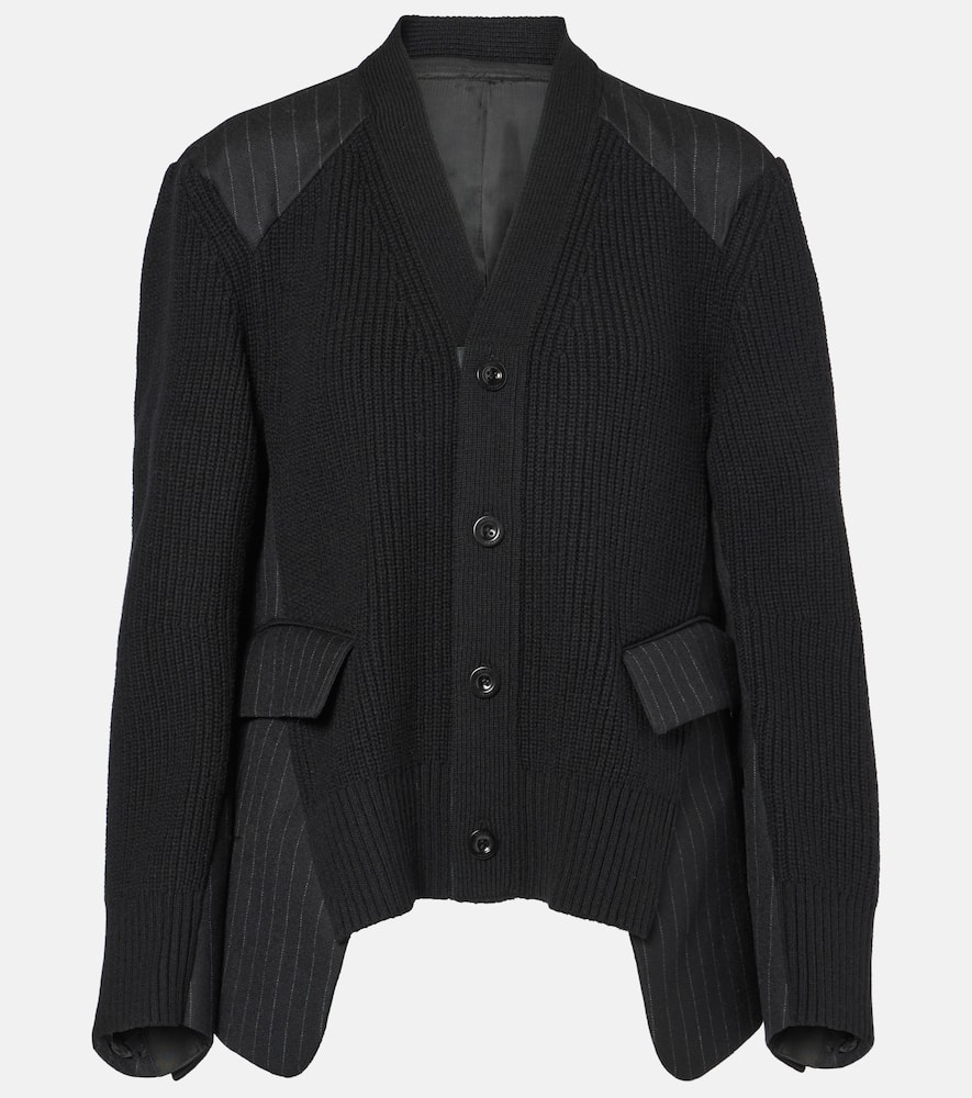 Sacai Chalk stripe ribbed-knit wool cardigan