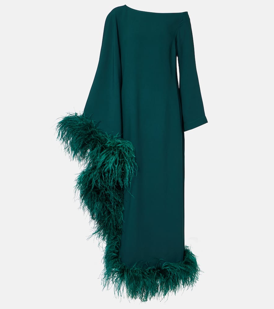 One-shoulder feathered sequined gown
