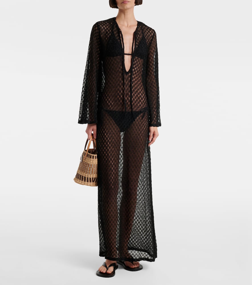 Missoni Open-knit Tie-neck Lamé Kaftan In Black