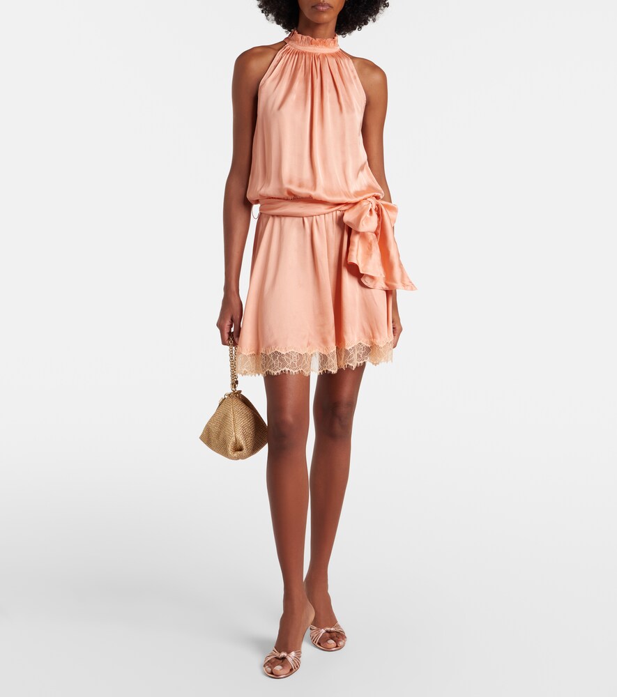 Poupette St Barth Silvia belted lace-trimmed satin minidress