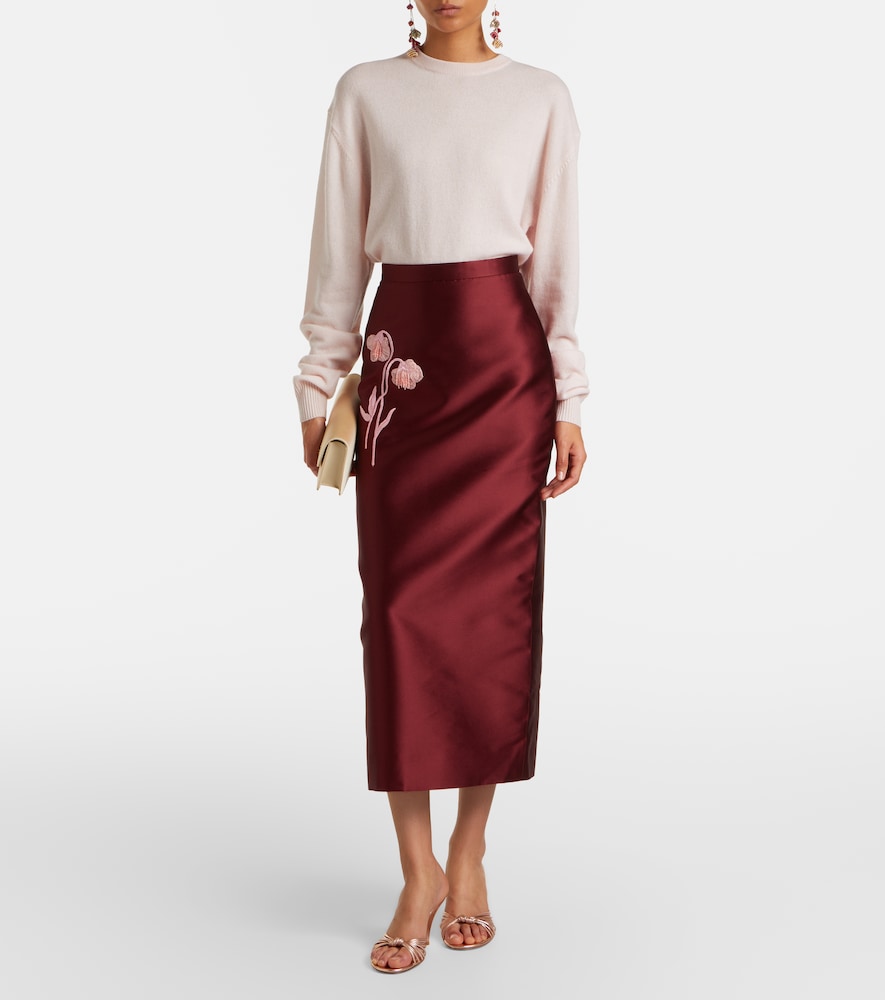 Erdem Floral-appliqué satin slip skirt