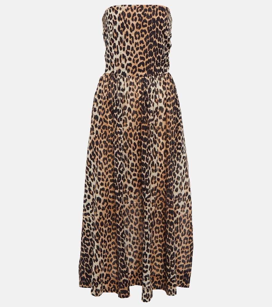 Ganni Leopard Print Strapless Organic Cotton Cover-up Dress In Leopard