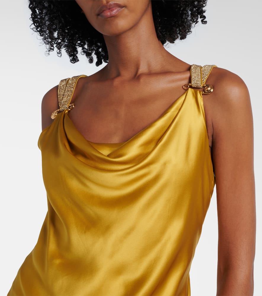 Versace Safety Pin Embellished Silk Satin Gown In Yellow