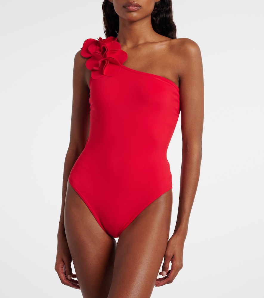 Karla Colletto Tess floral-appliqué one-shoulder swimsuit