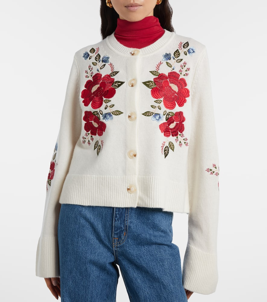 Farm Rio Embroidered Flowers Wool Cardigan In White