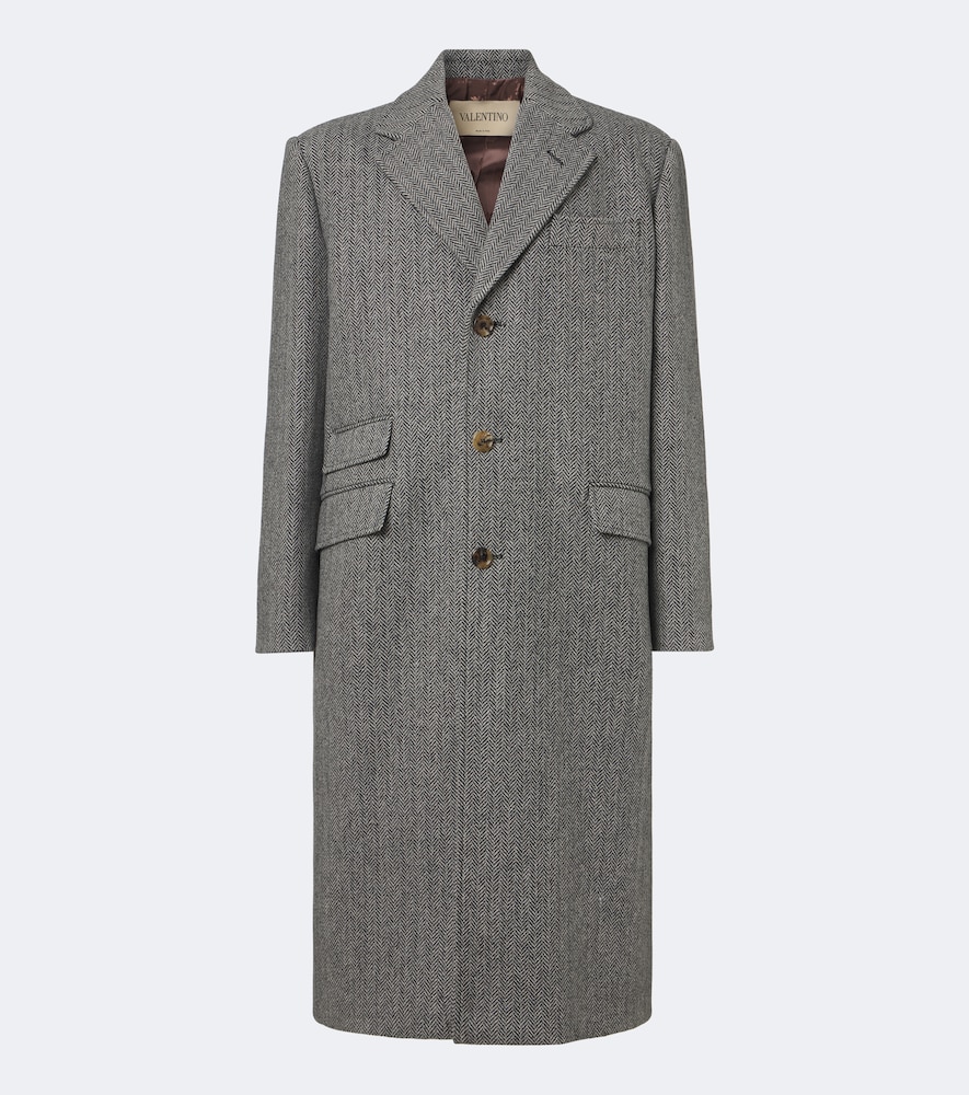 Valentino Herringbone Virgin Wool Coat In Gray