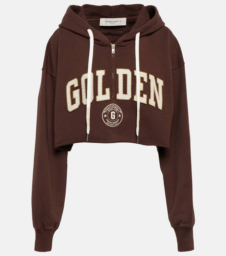 Golden Goose Logo Cropped Half-zip Cotton Hoodie In Golden Brown