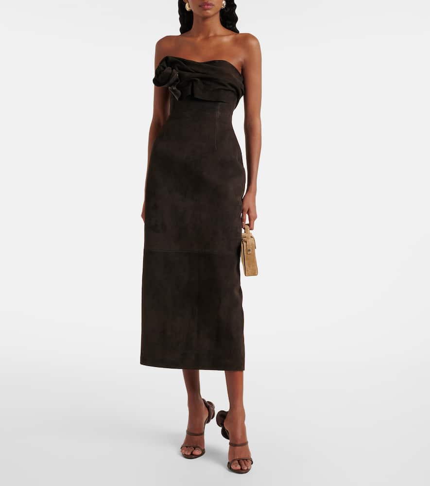 Magda Butrym Floral-appliqué Suede Midi Dress In Brown