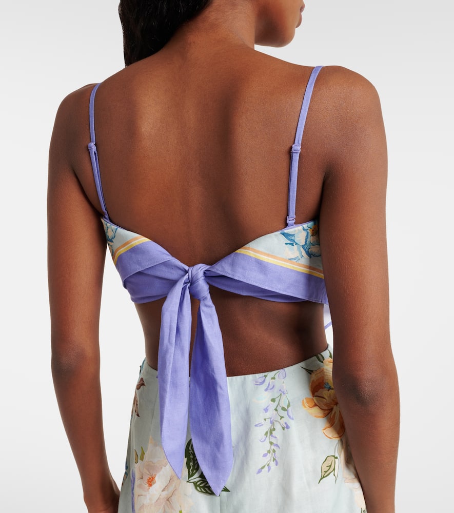 Self-portrait Floral Linen And Cotton Crop Top In Blue