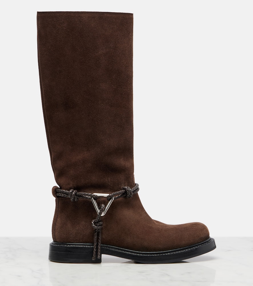 Bottega Veneta James Intrecciato Leather-trimmed Suede Knee Boots In Brown