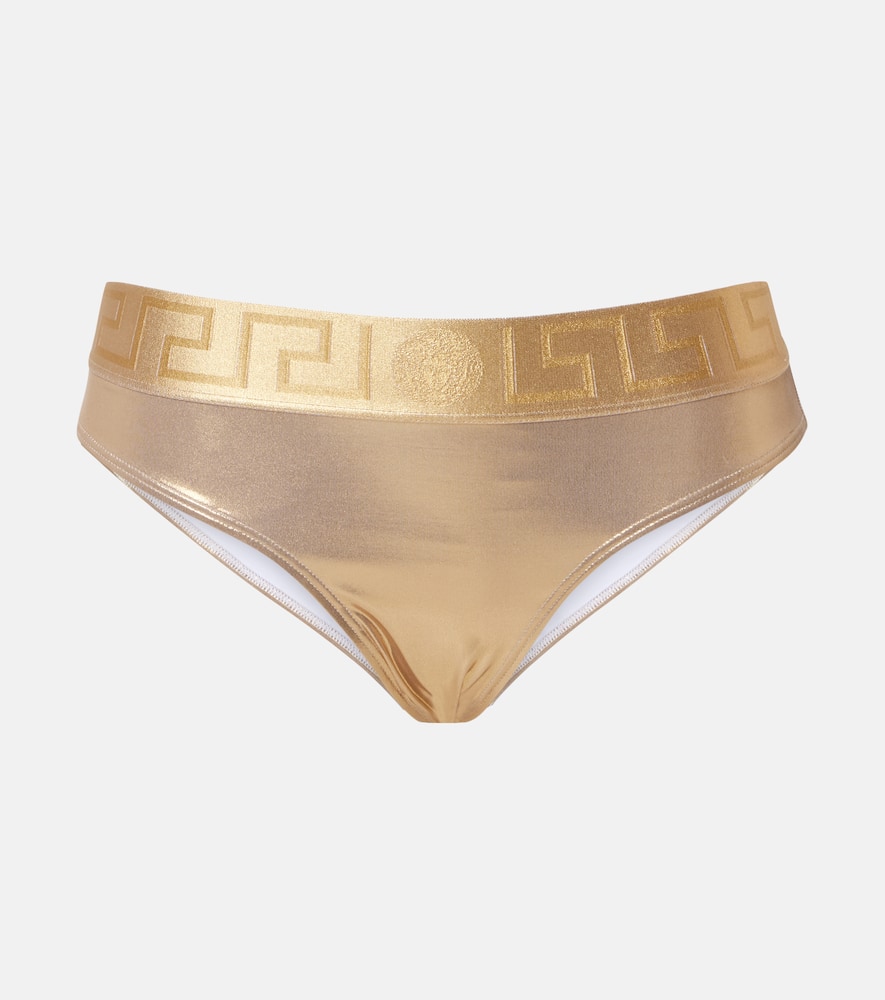 Versace Logo Metallic Bikini Bottom In Gold