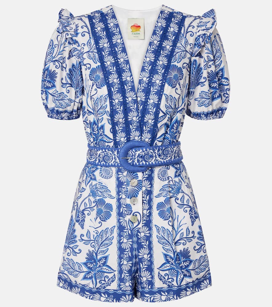 Printed belted cotton romper