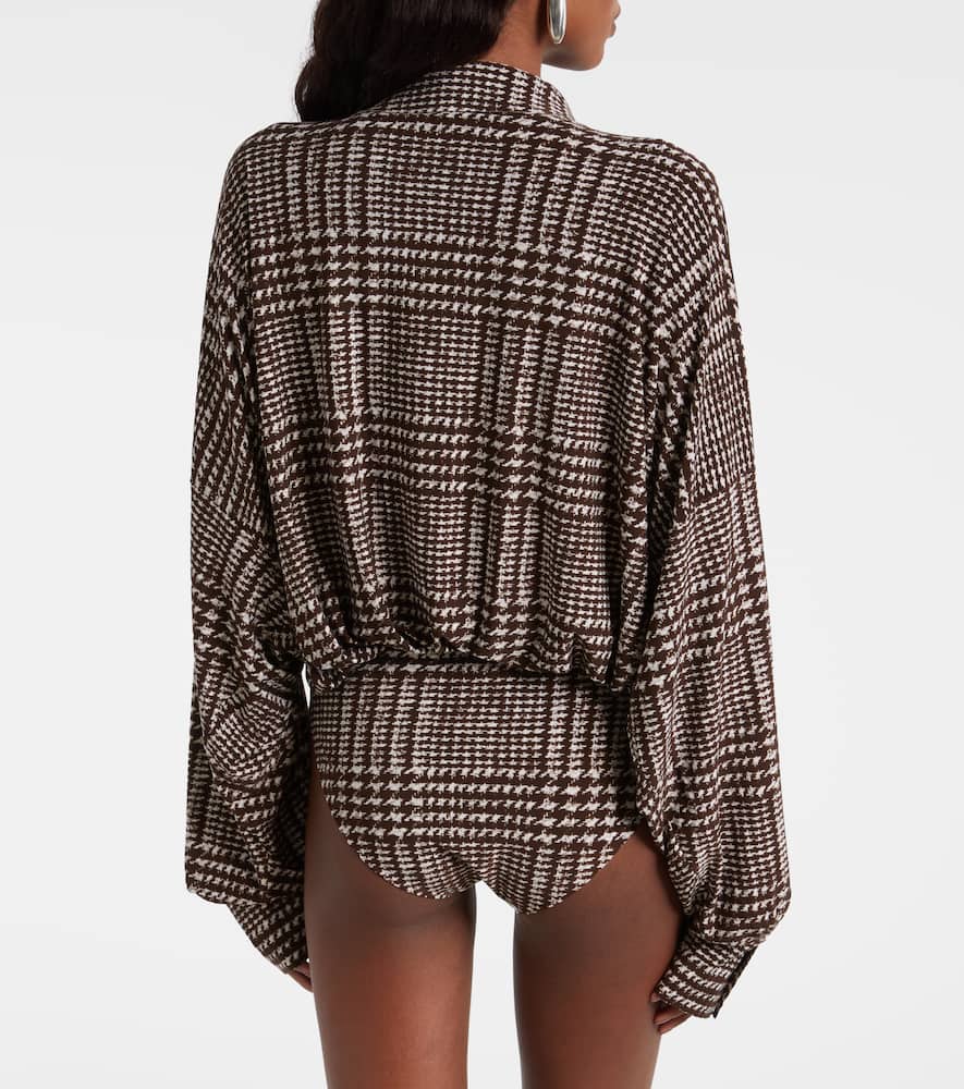 Norma Kamali Prince Of Wales Check Bodysuit In Brown