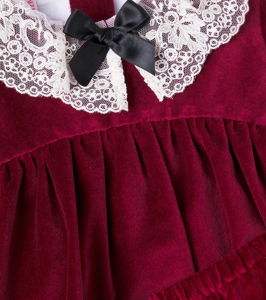 La Coqueta Baby Lace-trimmed Velvet Dress And Bloomers Set In Burgundy