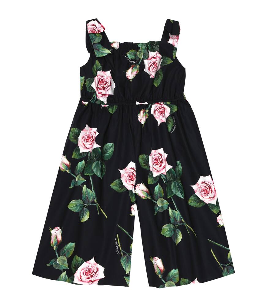 Click to view more detailed imagery on our partner's website Dolce & Gabbana Kids' Girl's Popeline Rosa Rose Print Jumpsuit In Black