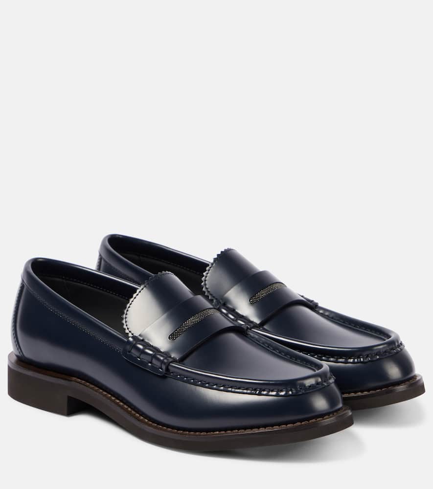 Brunello Cucinelli Round Toe Leather Loafers With Stitched Detailing In Brown