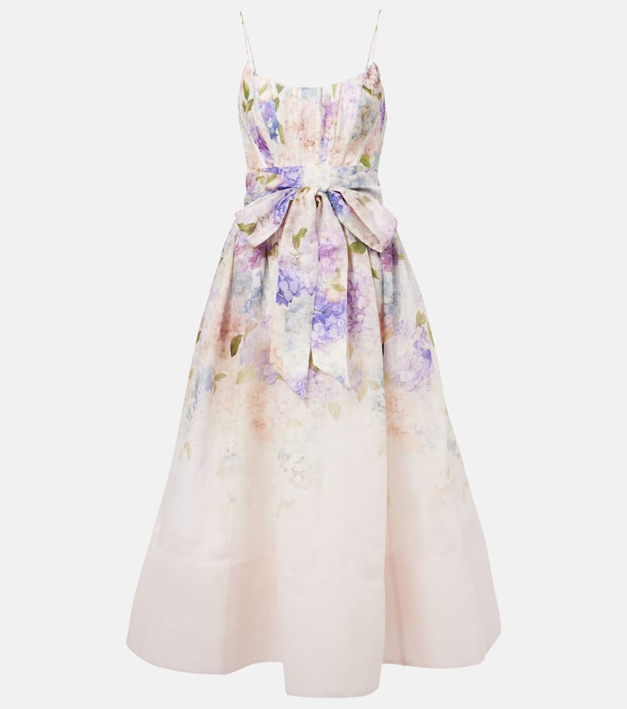 Zimmermann Dawning Belted Floral-print Linen And Silk-blend Midi Dress In Multicoloured