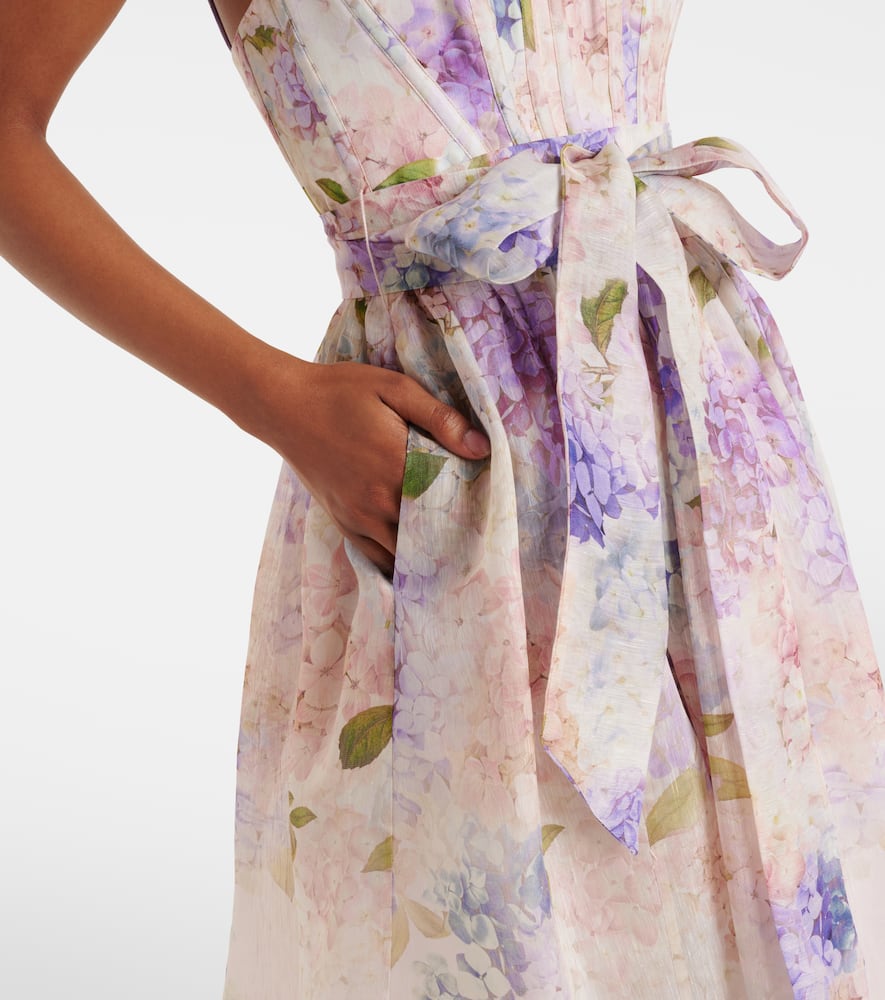Zimmermann Dawning Belted Floral-print Linen And Silk-blend Midi Dress In Multicoloured