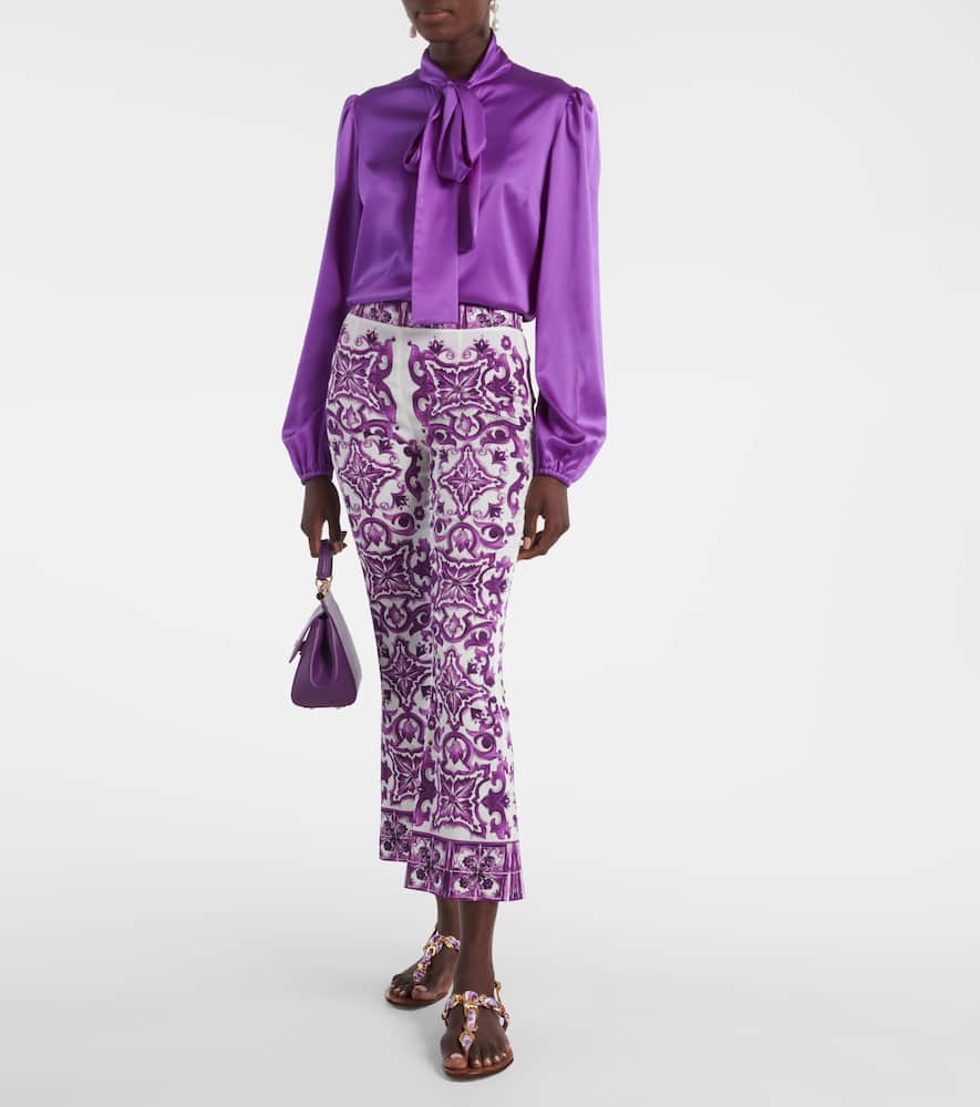 Dolce & Gabbana Maiolica Cropped Printed Silk-blend Flared Pants In White
