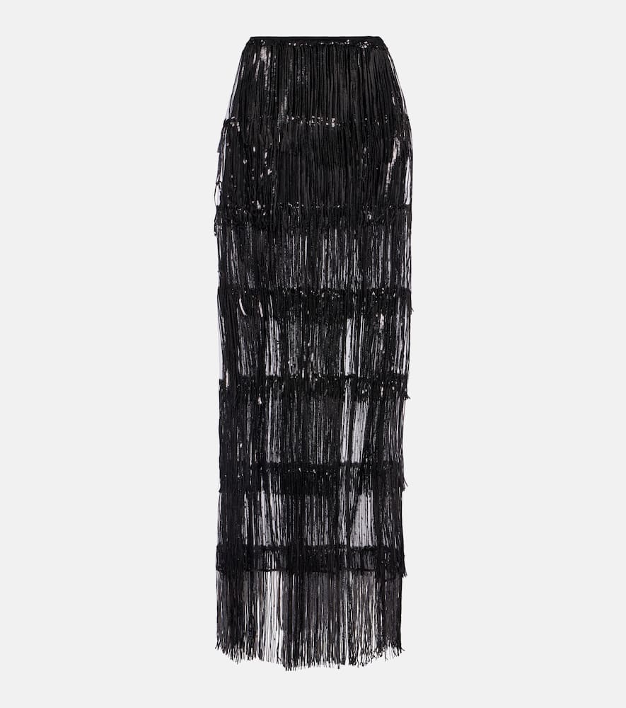 Nina Ricci Fringed Sequined Tulle Maxi Skirt In Black