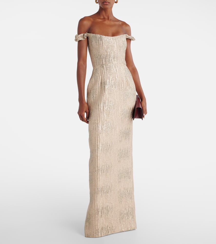 Markarian Yolanda Off-the-shoulder Brocade Gown In Brown