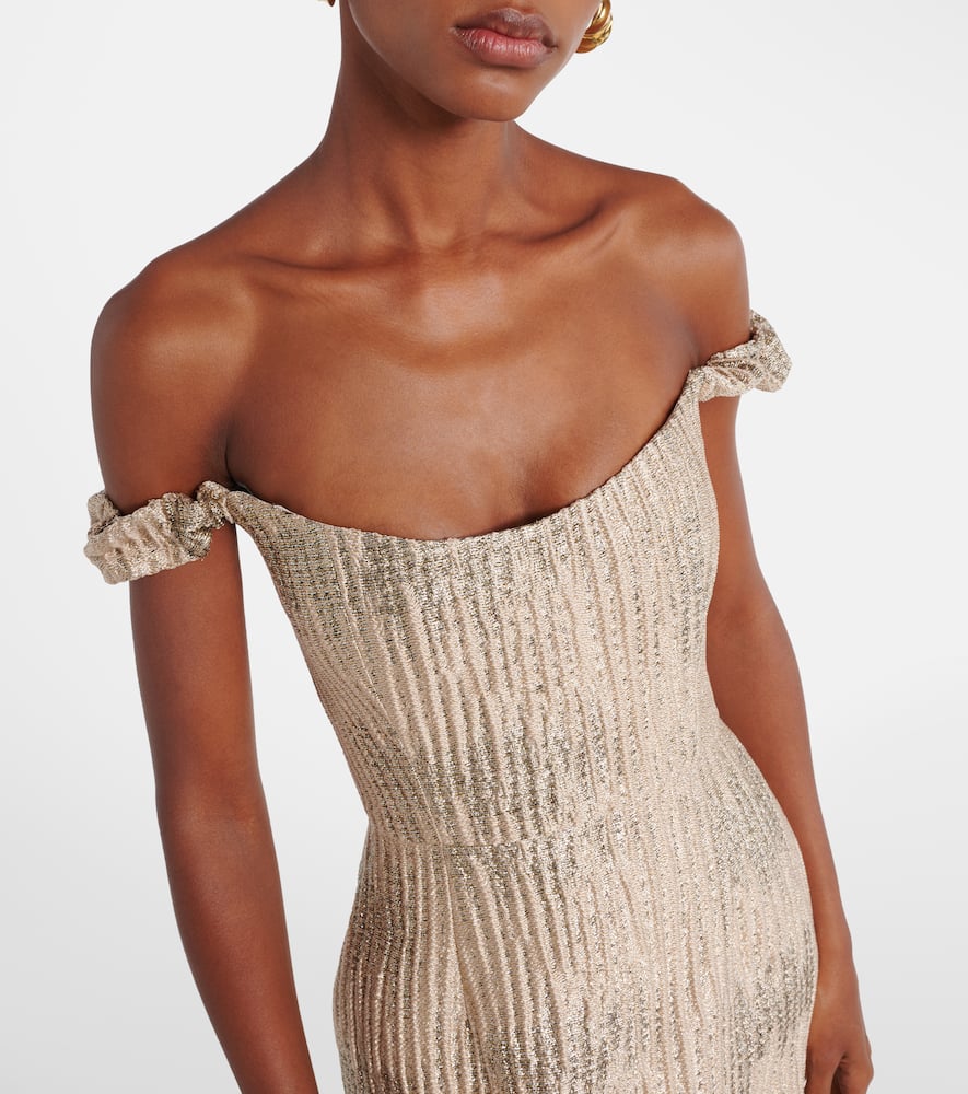 Markarian Yolanda Off-the-shoulder Brocade Gown In Brown