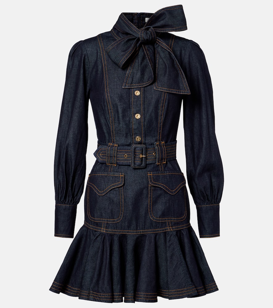 Zimmermann Bow-detail Cotton Denim Minidress In Blue