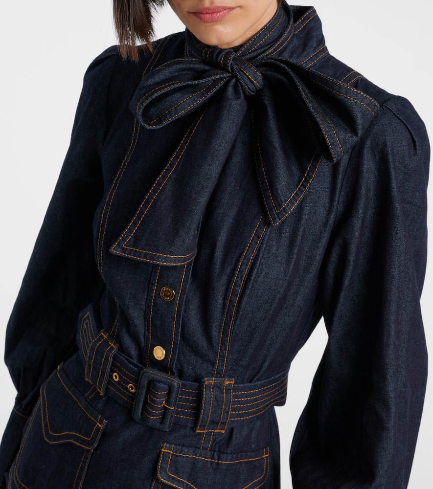 Zimmermann Bow-detail Cotton Denim Minidress In Blue