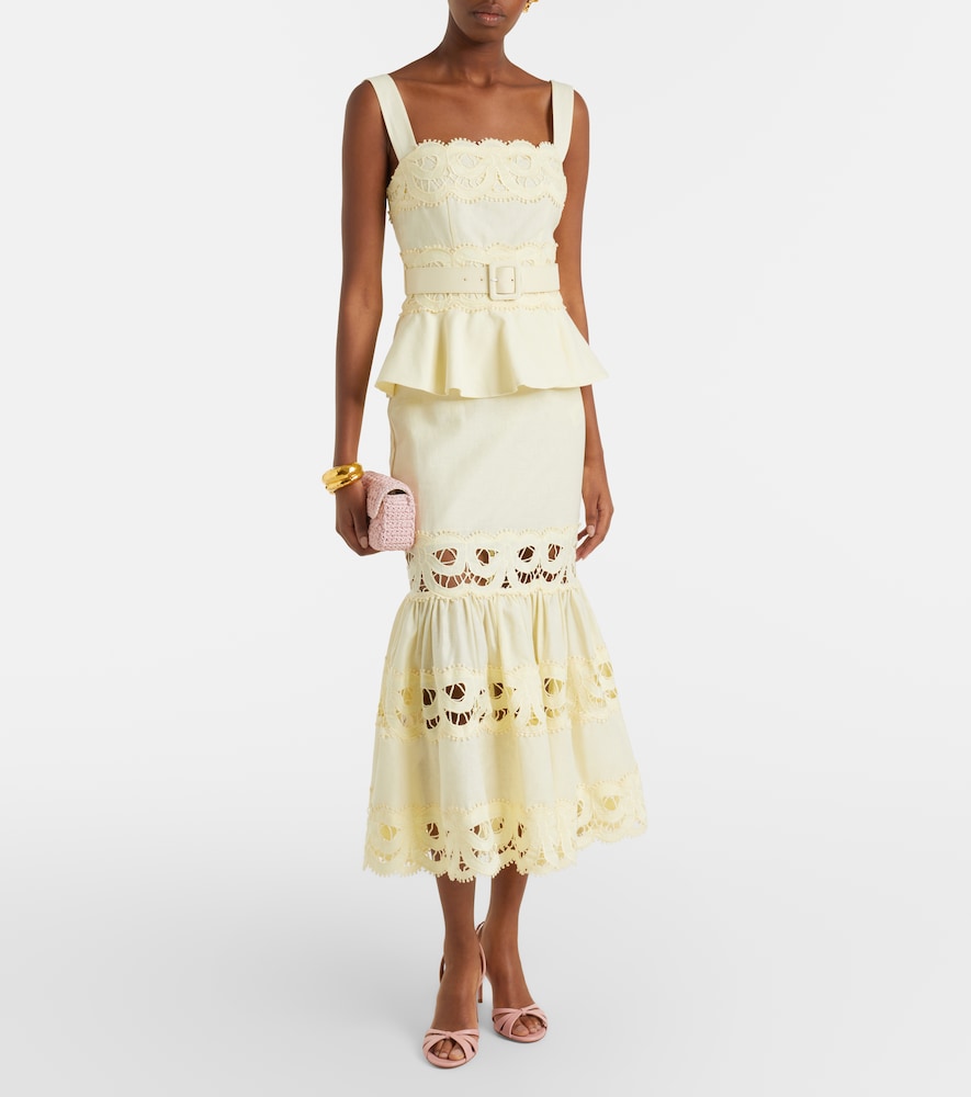 Self-Portrait Belted crochet-trimmed linen and cotton midi dress