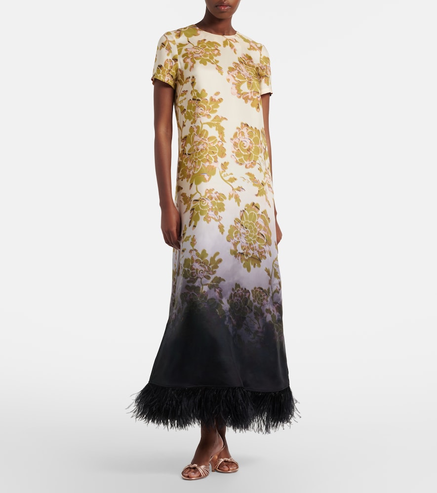 La DoubleJ Swing feather-trimmed floral silk twill maxi dress