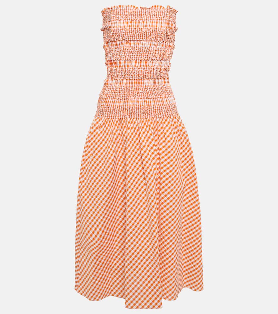 Kenzo Shirred Gingham Cotton Midi Dress In Medium Orange