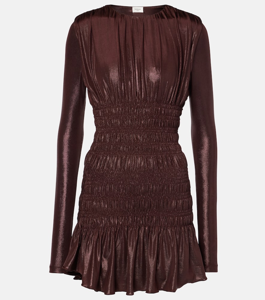 Saint Laurent Smocked Lamé Jersey Minidress In Burgundy