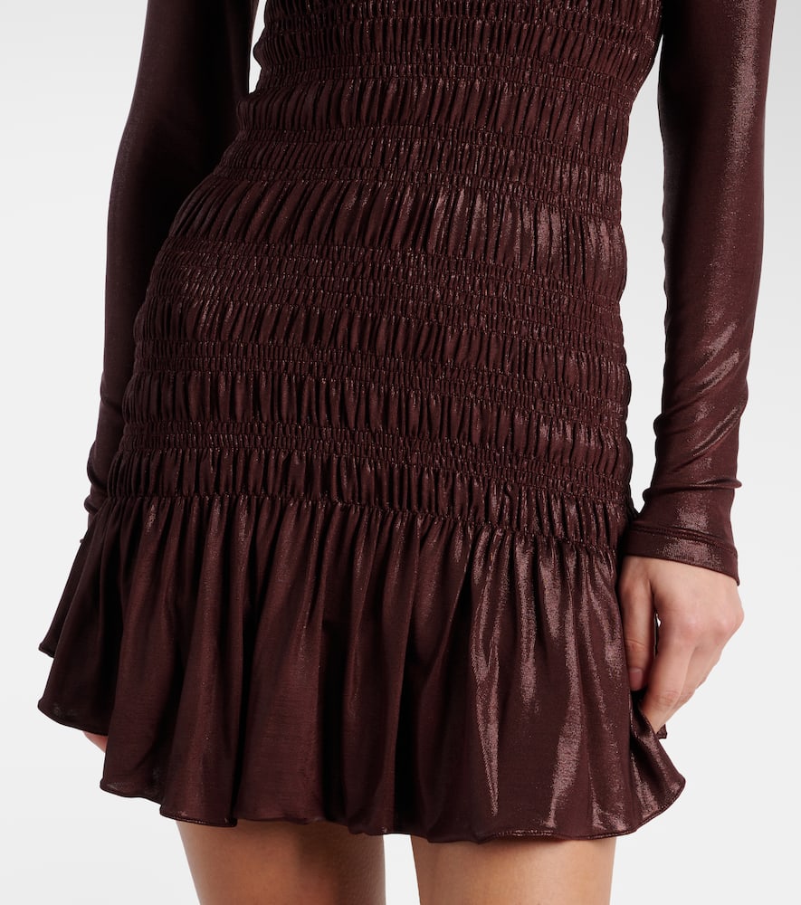 Saint Laurent Smocked Lamé Jersey Minidress In Burgundy