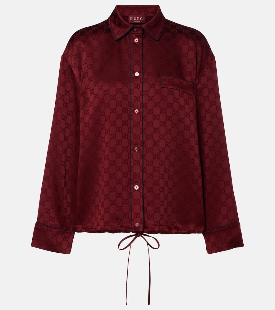 Gucci Womens Rosso Ancora Mix Monogram-pattern Drawstring-hem Satin Shirt In Burgundy