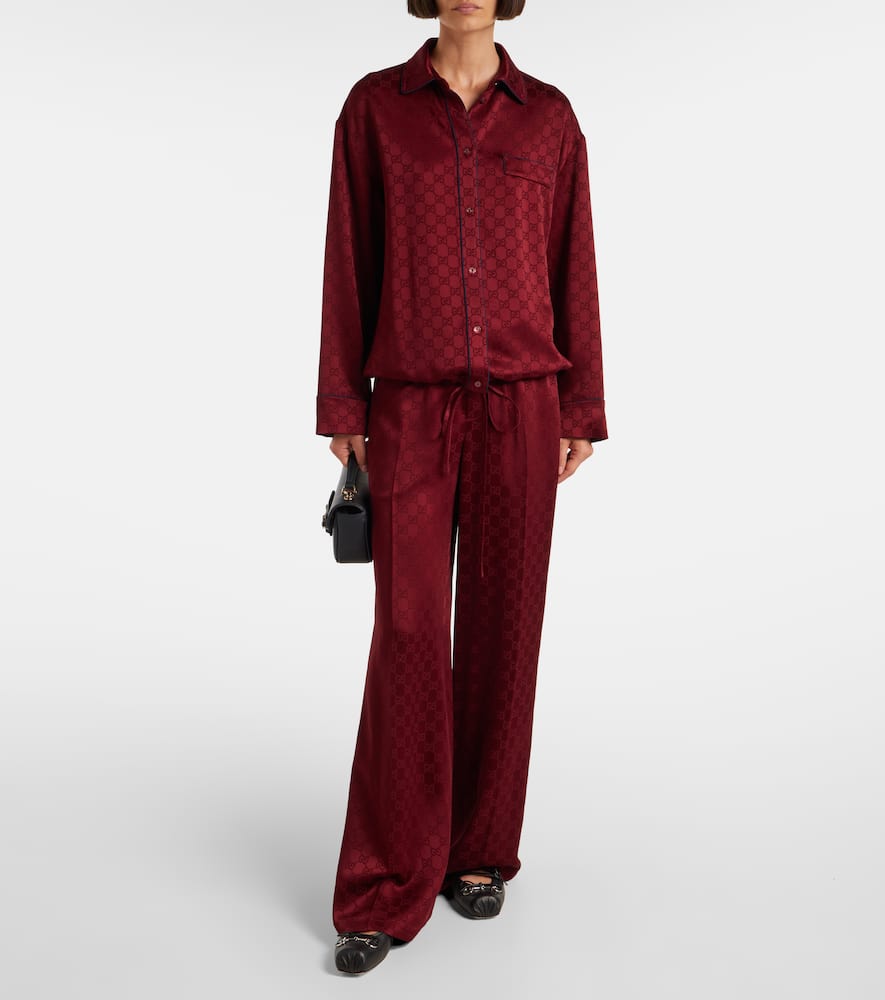 Gucci Womens Rosso Ancora Mix Monogram-pattern Drawstring-hem Satin Shirt In Burgundy