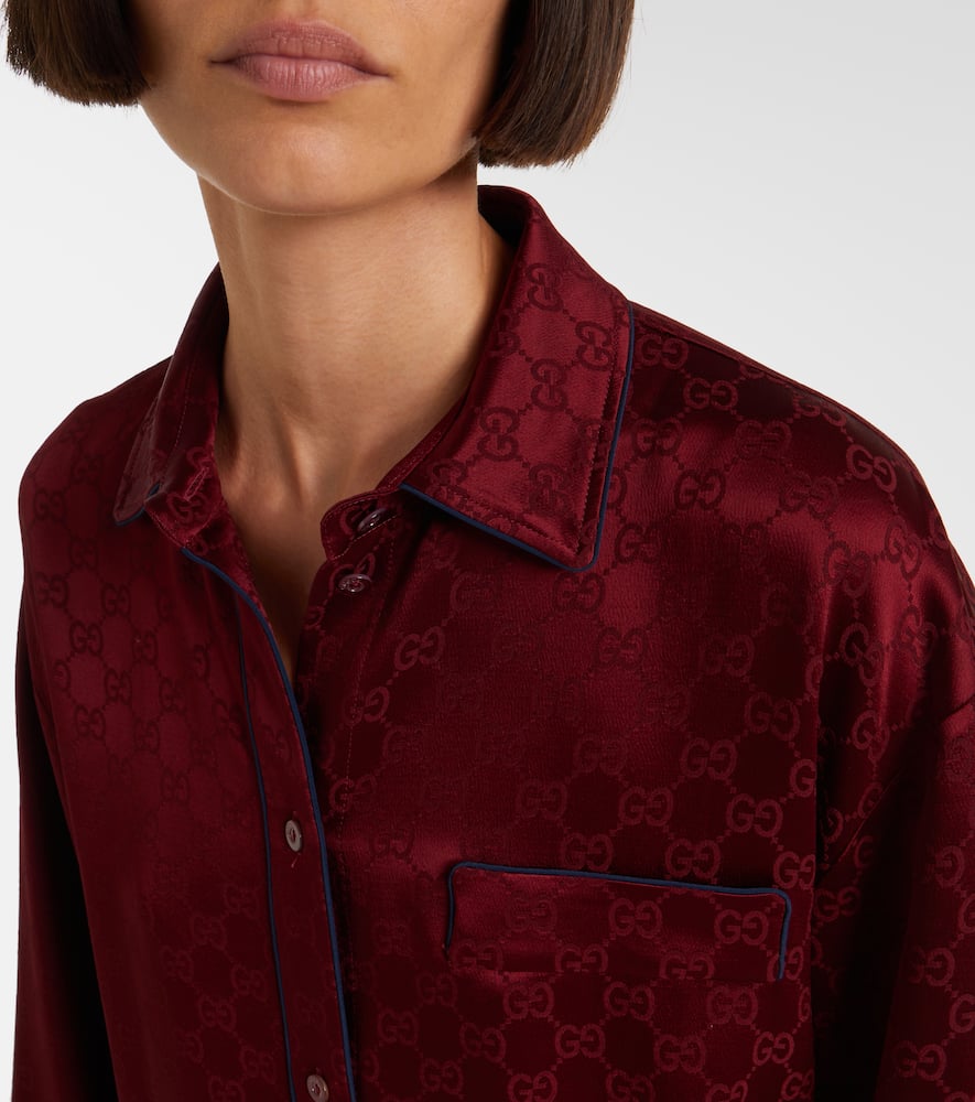 Gucci Womens Rosso Ancora Mix Monogram-pattern Drawstring-hem Satin Shirt In Burgundy
