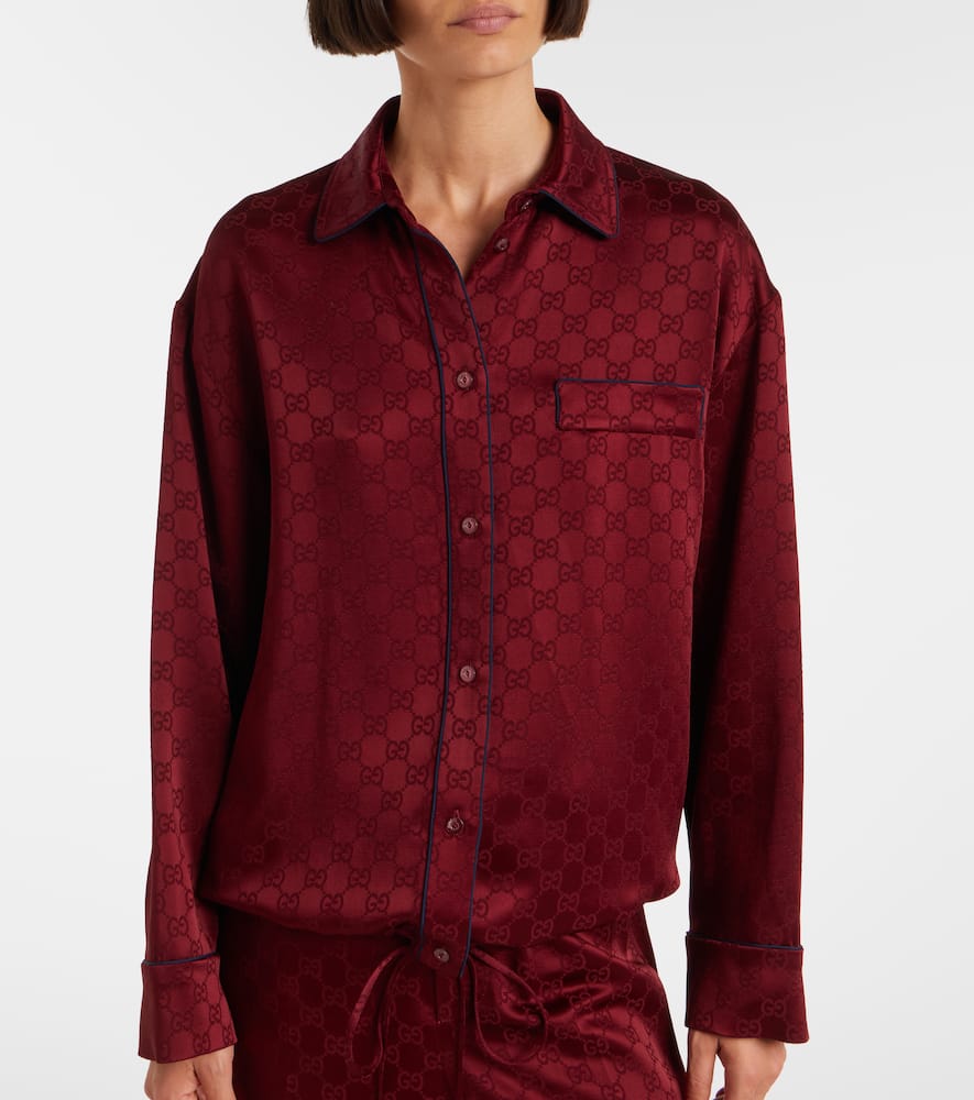 Gucci Womens Rosso Ancora Mix Monogram-pattern Drawstring-hem Satin Shirt In Burgundy