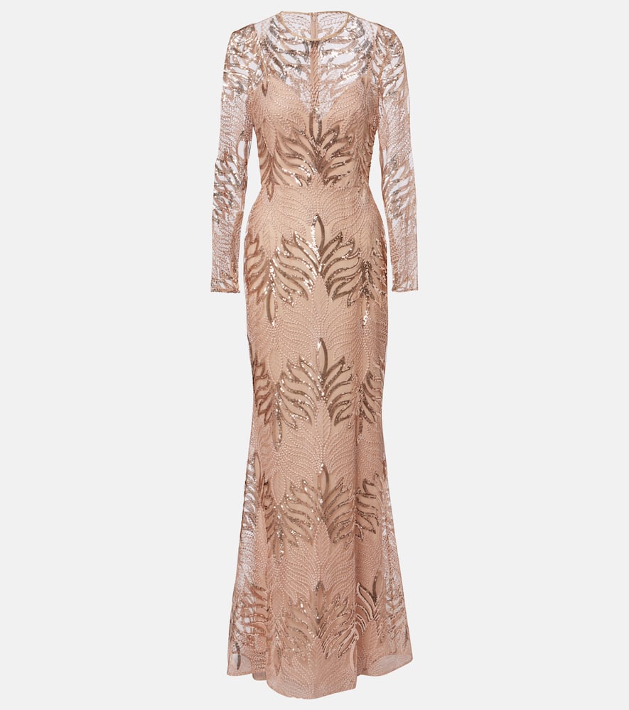 Elie Saab Embroidered Sequined Tulle Gown In Sand