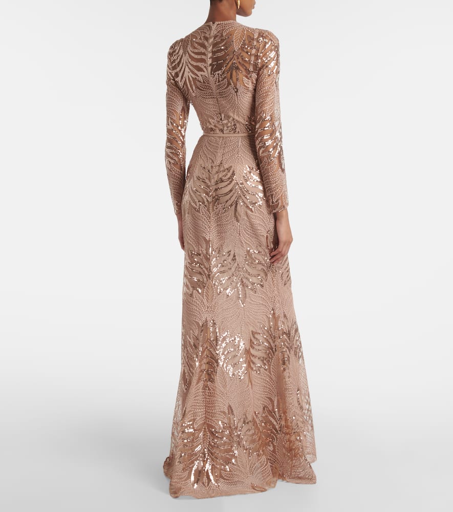 Elie Saab Embroidered Sequined Tulle Gown In Neutral
