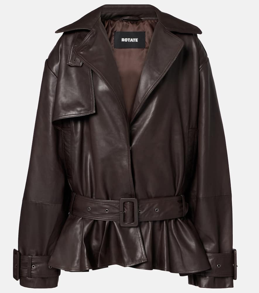 Rotate Birger Christensen Belted Leather Biker Jacket In Brown