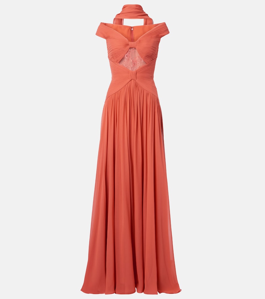 Elie Saab Gathered lace-trimmed silk gown